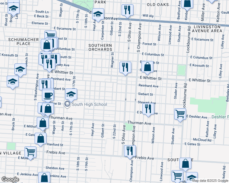 map of restaurants, bars, coffee shops, grocery stores, and more near 834 Siebert Street in Columbus