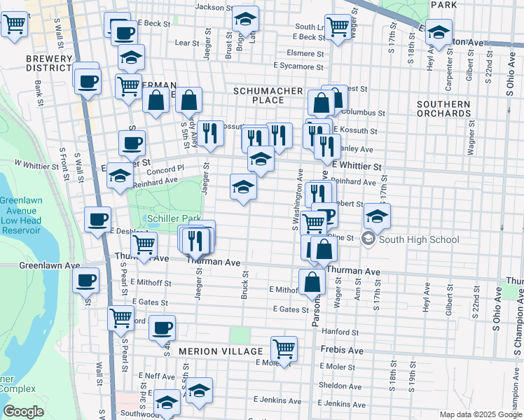 map of restaurants, bars, coffee shops, grocery stores, and more near 338 Stewart Avenue in Columbus