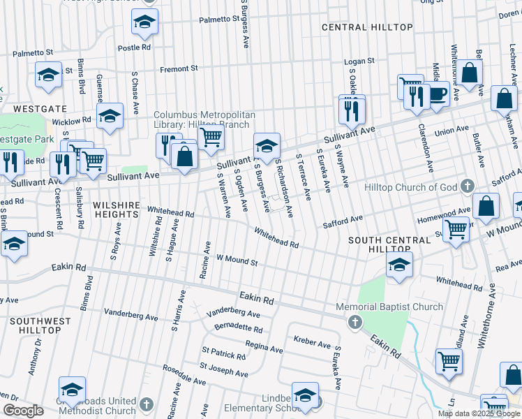 map of restaurants, bars, coffee shops, grocery stores, and more near 634 South Ogden Avenue in Columbus