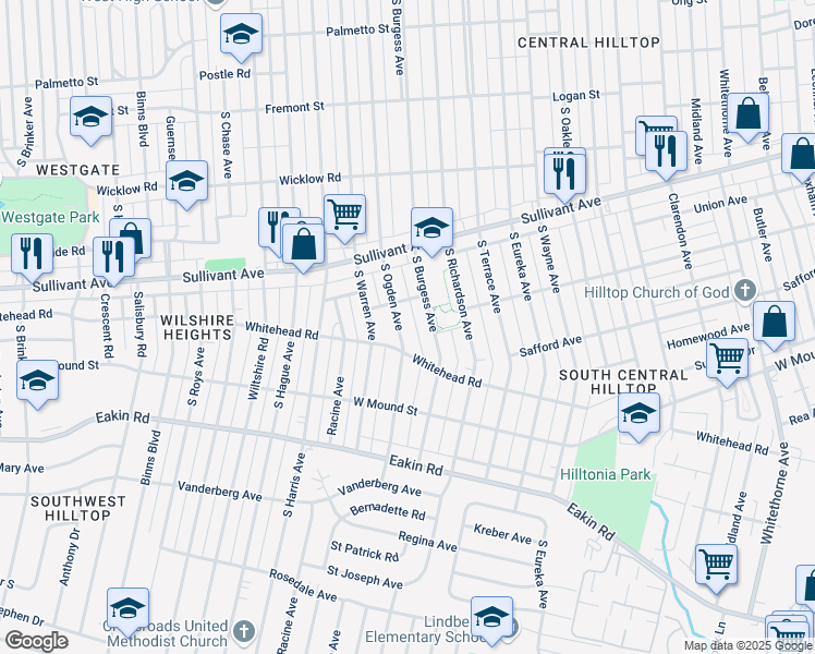 map of restaurants, bars, coffee shops, grocery stores, and more near 634 South Ogden Avenue in Columbus