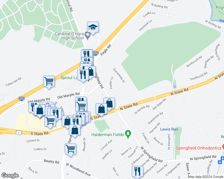 map of restaurants, bars, coffee shops, grocery stores, and more near Parker Lane in Springfield