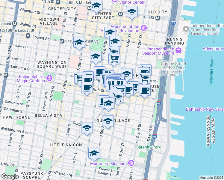 map of restaurants, bars, coffee shops, grocery stores, and more near 423 South Street in Philadelphia