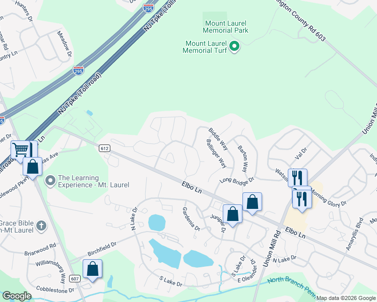 map of restaurants, bars, coffee shops, grocery stores, and more near 42 Elkington Drive in Mount Laurel Township