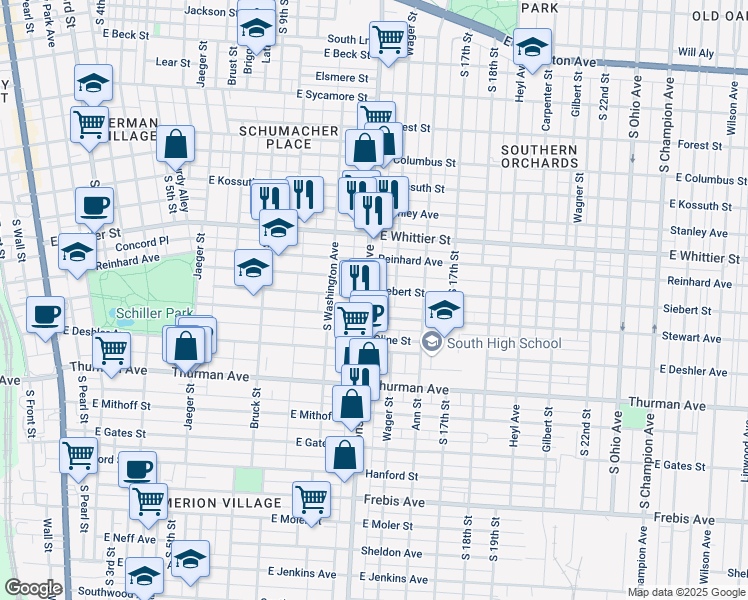 map of restaurants, bars, coffee shops, grocery stores, and more near 1058 Parsons Avenue in Columbus
