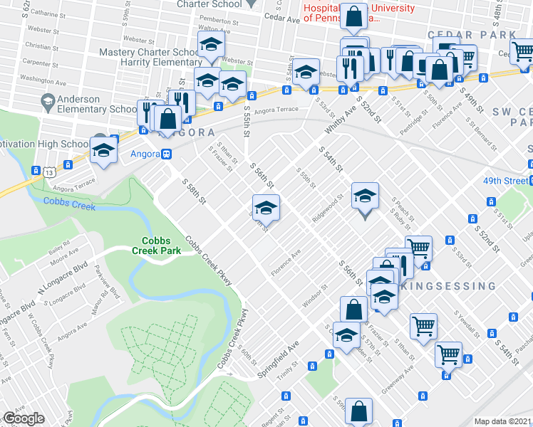 map of restaurants, bars, coffee shops, grocery stores, and more near 5643 Hadfield Street in Philadelphia