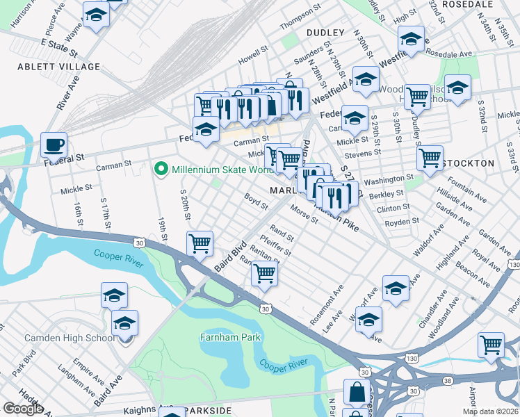 map of restaurants, bars, coffee shops, grocery stores, and more near 259 Boyd Street in Camden