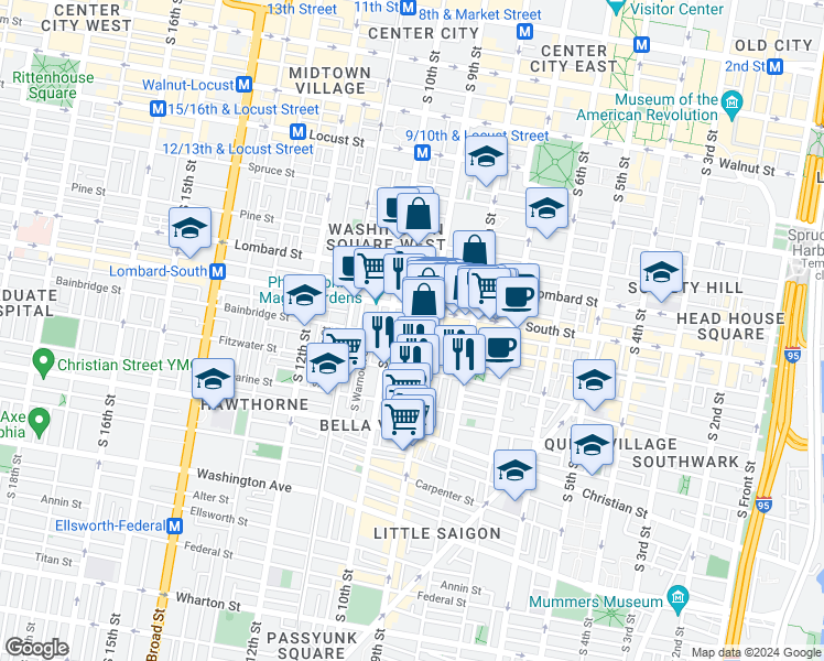 map of restaurants, bars, coffee shops, grocery stores, and more near 915-25 Bainbridge Street in Philadelphia