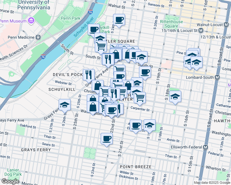 map of restaurants, bars, coffee shops, grocery stores, and more near 2204 Madison Square in Philadelphia