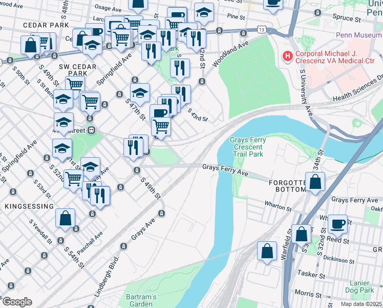map of restaurants, bars, coffee shops, grocery stores, and more near 4618 Paschall Avenue in Philadelphia