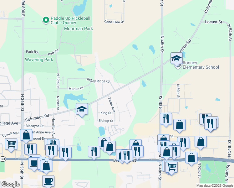 map of restaurants, bars, coffee shops, grocery stores, and more near 4406 Columbus Road in Quincy