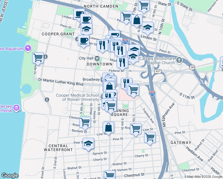 map of restaurants, bars, coffee shops, grocery stores, and more near 212 South Broadway in Camden