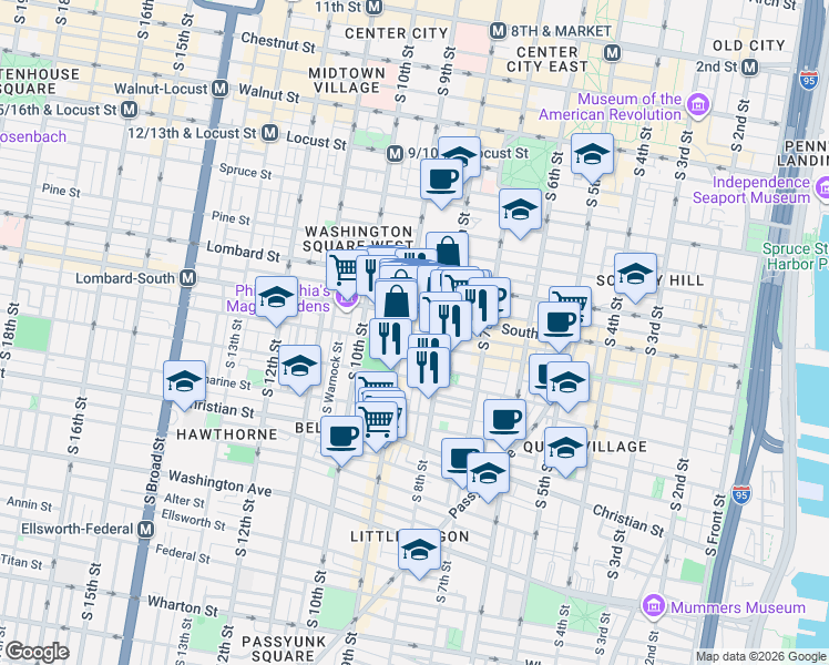 map of restaurants, bars, coffee shops, grocery stores, and more near 824 South Street in Philadelphia