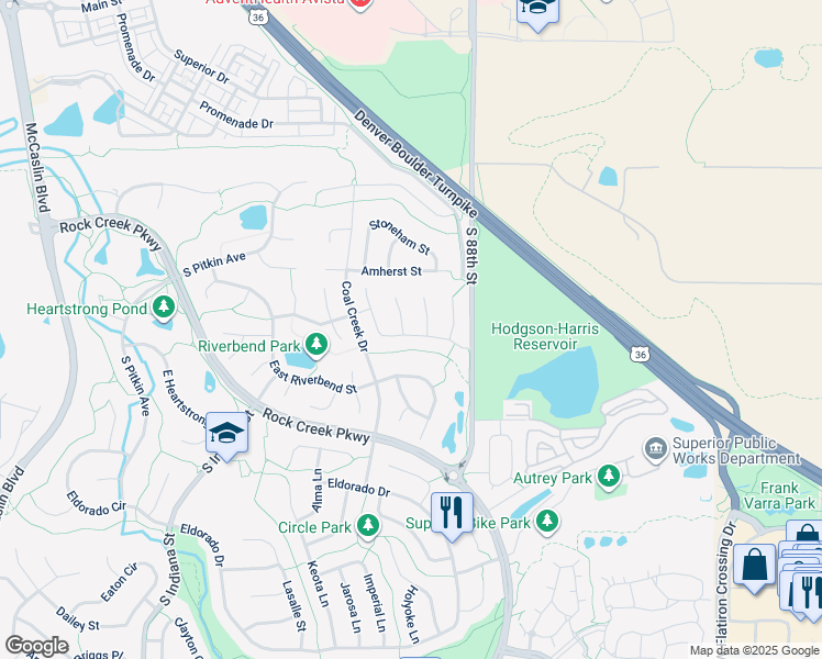 map of restaurants, bars, coffee shops, grocery stores, and more near 1321 South Idalia Court in Superior