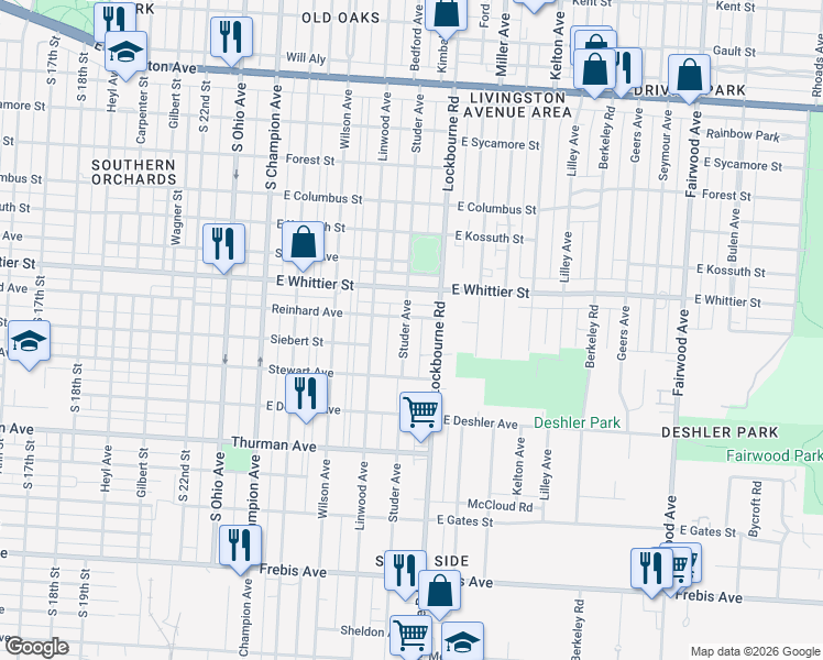map of restaurants, bars, coffee shops, grocery stores, and more near 1160 Studer Avenue in Columbus