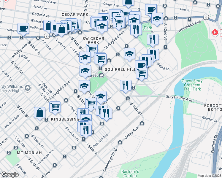 map of restaurants, bars, coffee shops, grocery stores, and more near 1255 Greylock Street in Philadelphia