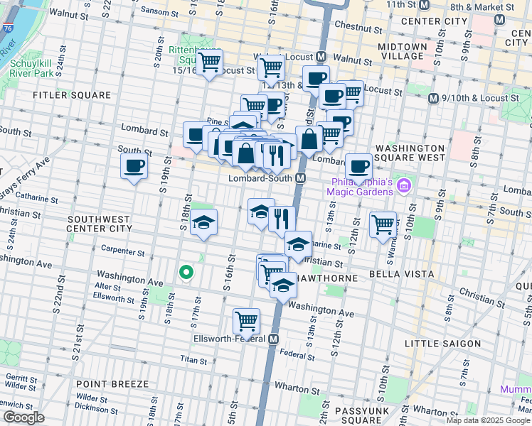 map of restaurants, bars, coffee shops, grocery stores, and more near South 15th Street & Fitzwater Street in Philadelphia