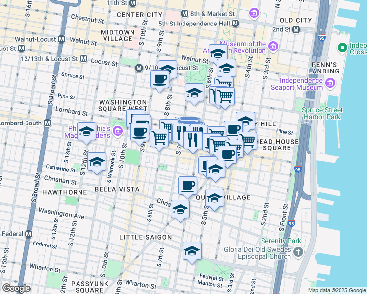map of restaurants, bars, coffee shops, grocery stores, and more near 644 South Street in Philadelphia