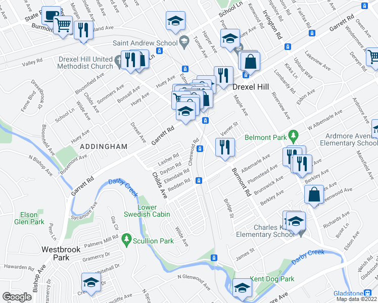 map of restaurants, bars, coffee shops, grocery stores, and more near 4000 Lasher Road in Upper Darby
