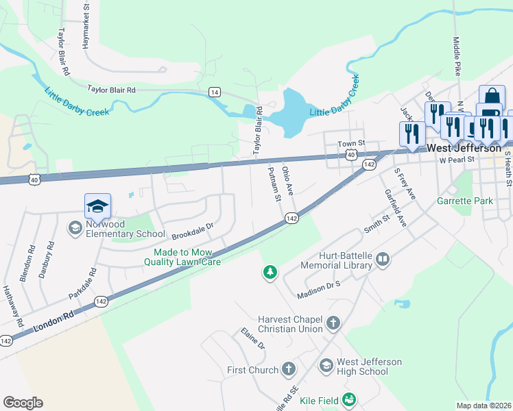 map of restaurants, bars, coffee shops, grocery stores, and more near 104 Mary Street in West Jefferson