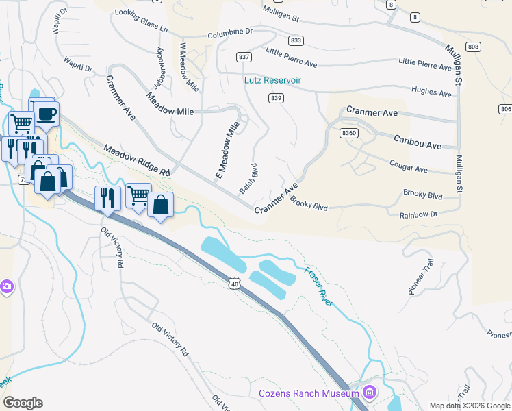 map of restaurants, bars, coffee shops, grocery stores, and more near 711 County Road 834 in Granby