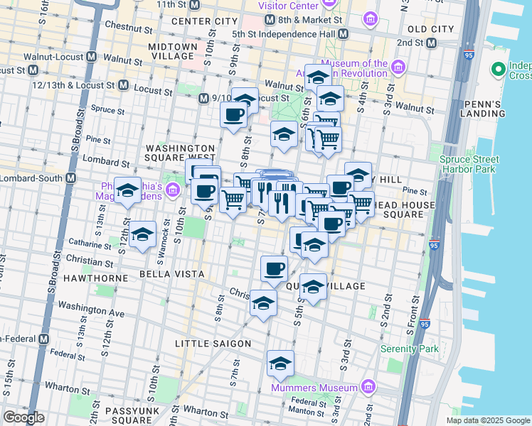 map of restaurants, bars, coffee shops, grocery stores, and more near 648 South Street in Philadelphia