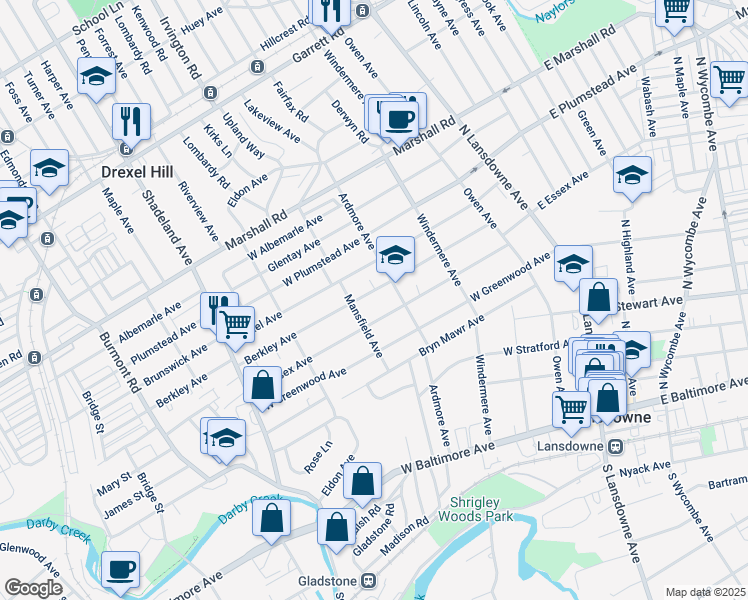 map of restaurants, bars, coffee shops, grocery stores, and more near 206 Berkley Avenue in Lansdowne