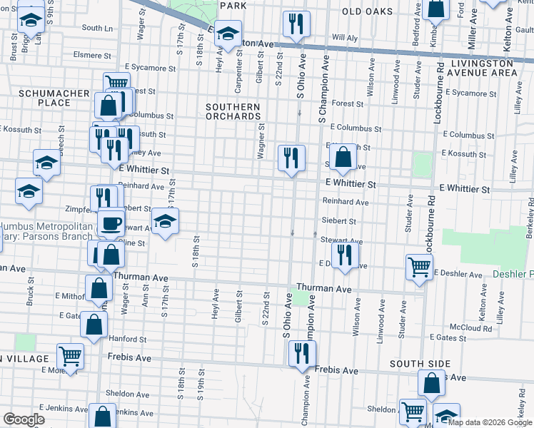map of restaurants, bars, coffee shops, grocery stores, and more near 834 Siebert Street in Columbus