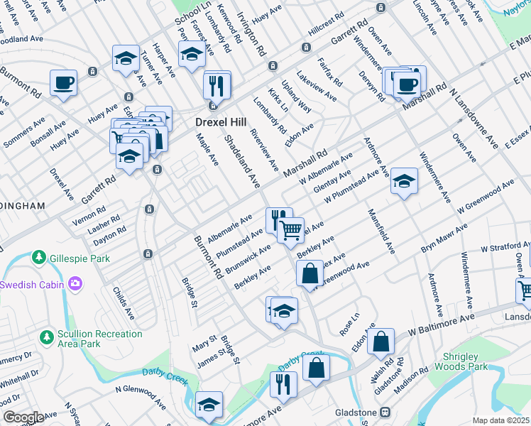 map of restaurants, bars, coffee shops, grocery stores, and more near 258 Shadeland Avenue in Drexel Hill