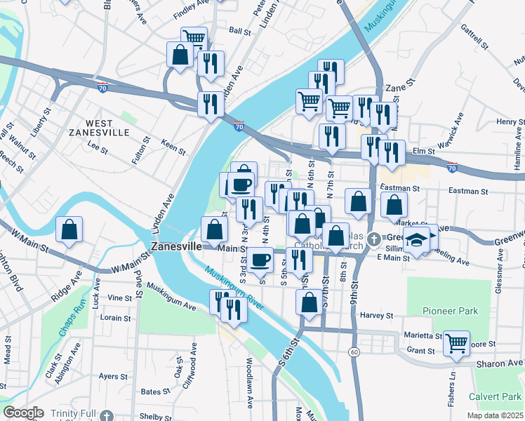map of restaurants, bars, coffee shops, grocery stores, and more near 333 Market Street in Zanesville