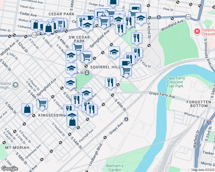 map of restaurants, bars, coffee shops, grocery stores, and more near 4828 Greenway Avenue in Philadelphia