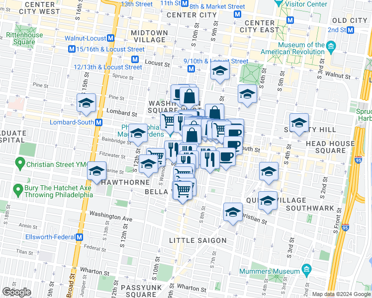 map of restaurants, bars, coffee shops, grocery stores, and more near 915-25 Bainbridge Street in Philadelphia