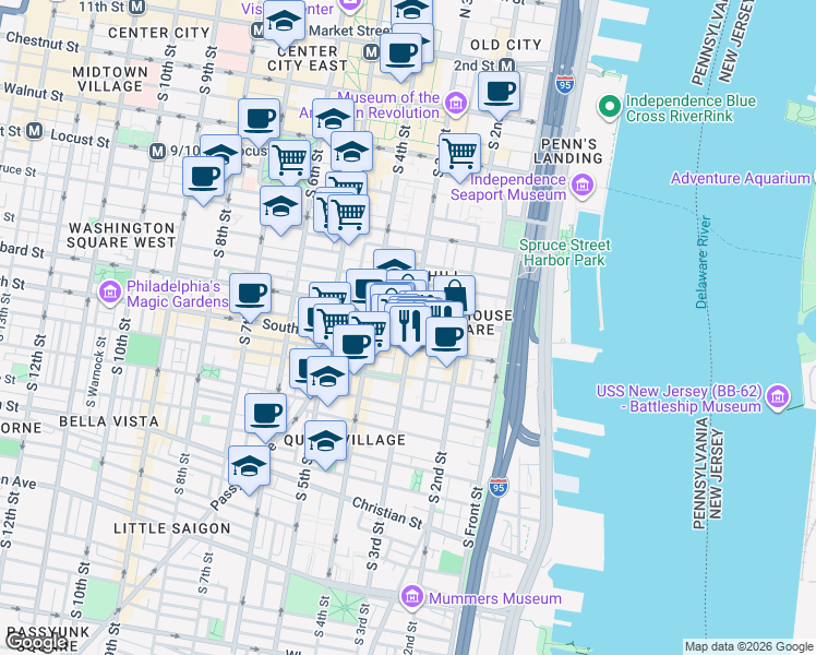 map of restaurants, bars, coffee shops, grocery stores, and more near in Philadelphia