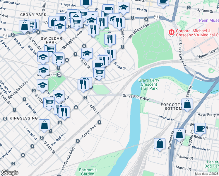 map of restaurants, bars, coffee shops, grocery stores, and more near 1433 South 47th Street in Philadelphia