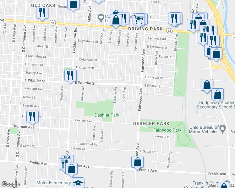 map of restaurants, bars, coffee shops, grocery stores, and more near 1198 Berkeley Road in Columbus