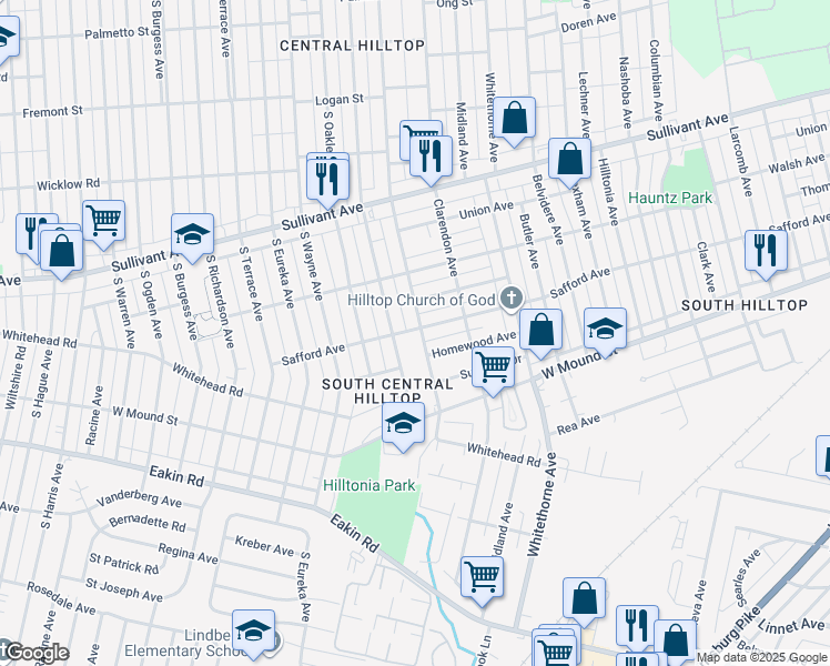 map of restaurants, bars, coffee shops, grocery stores, and more near 653 South Highland Avenue in Columbus