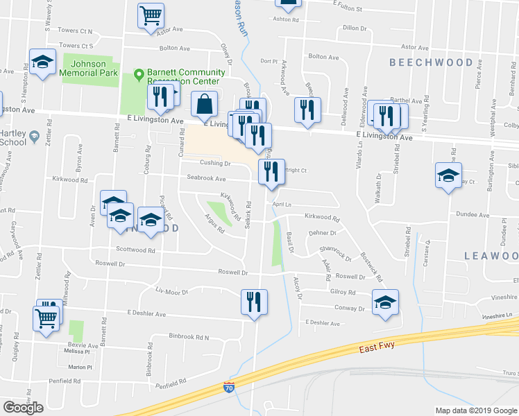map of restaurants, bars, coffee shops, grocery stores, and more near 1505 Courtright Road in Columbus