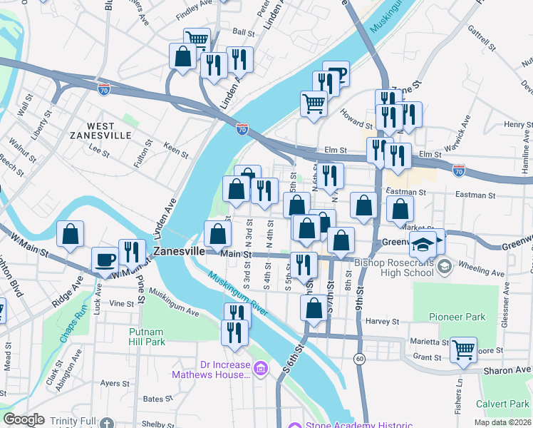 map of restaurants, bars, coffee shops, grocery stores, and more near 333 Market Street in Zanesville