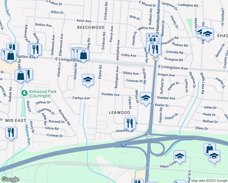 map of restaurants, bars, coffee shops, grocery stores, and more near 1579 Burlington Avenue in Columbus