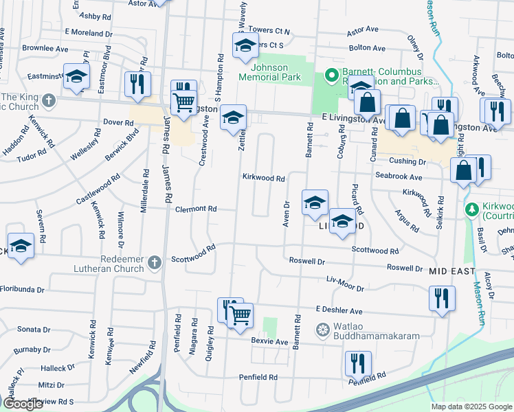 map of restaurants, bars, coffee shops, grocery stores, and more near 1438 South Weyant Avenue in Columbus