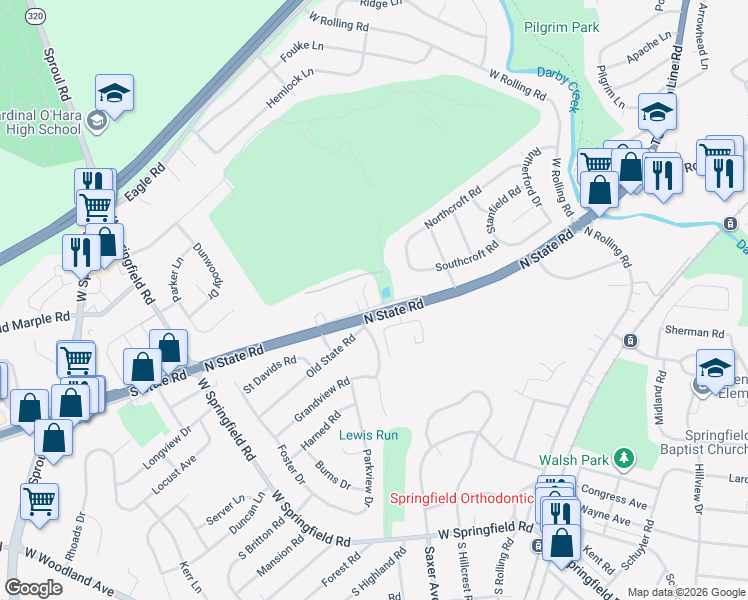 map of restaurants, bars, coffee shops, grocery stores, and more near 244 North State Road in Springfield