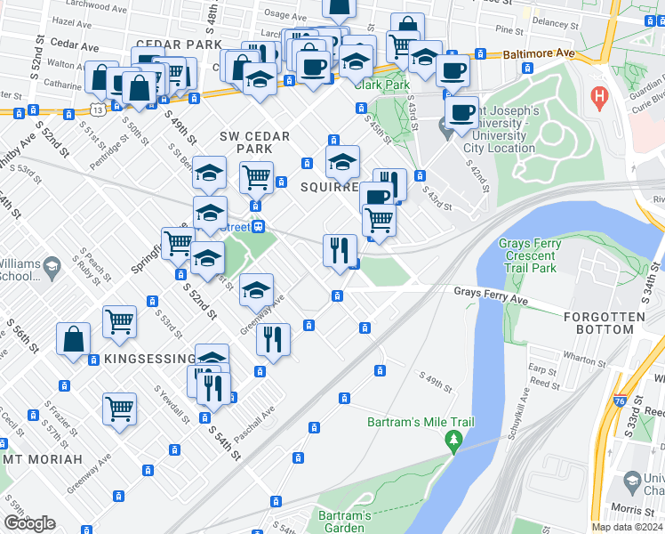 map of restaurants, bars, coffee shops, grocery stores, and more near 1307 Hanson Street in Philadelphia