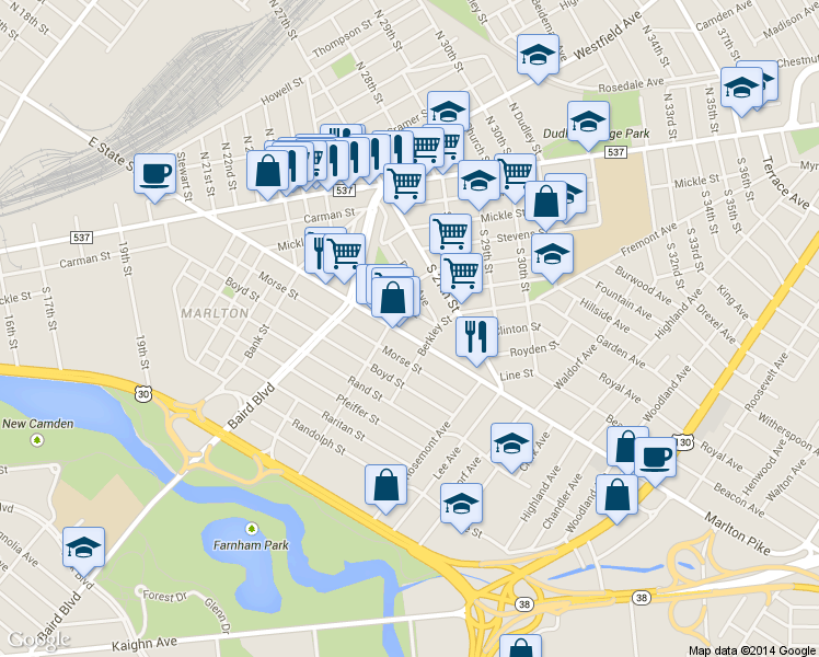 map of restaurants, bars, coffee shops, grocery stores, and more near 320 Marlton Avenue in Camden