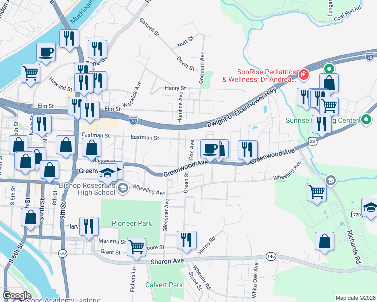 map of restaurants, bars, coffee shops, grocery stores, and more near 135 Fox Avenue in Zanesville