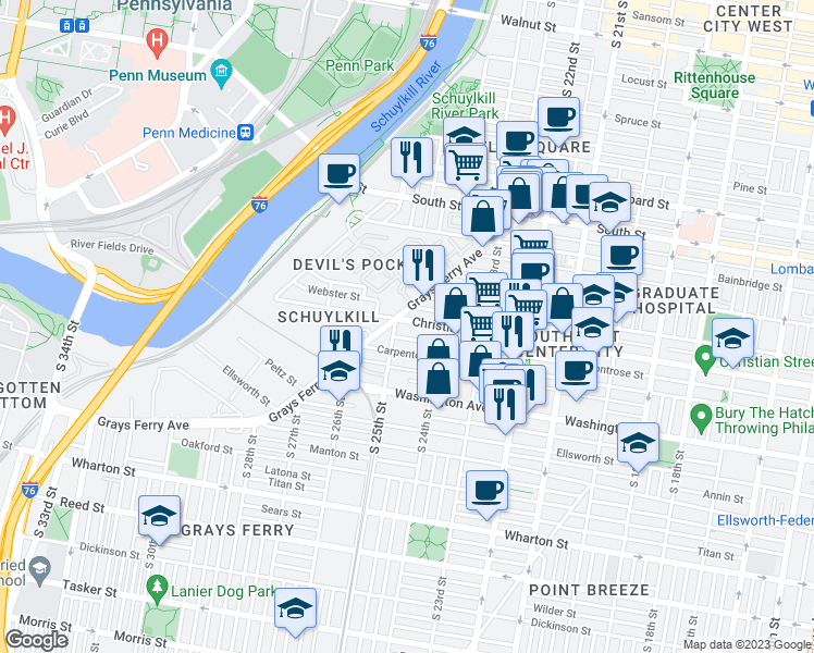 map of restaurants, bars, coffee shops, grocery stores, and more near 2442 Christian Street in Philadelphia