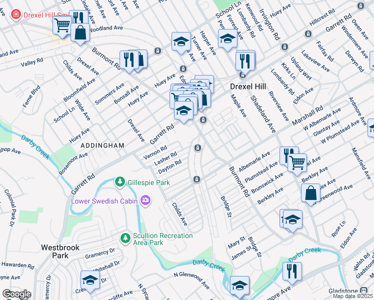 map of restaurants, bars, coffee shops, grocery stores, and more near 4000 Lasher Road in Drexel Hill