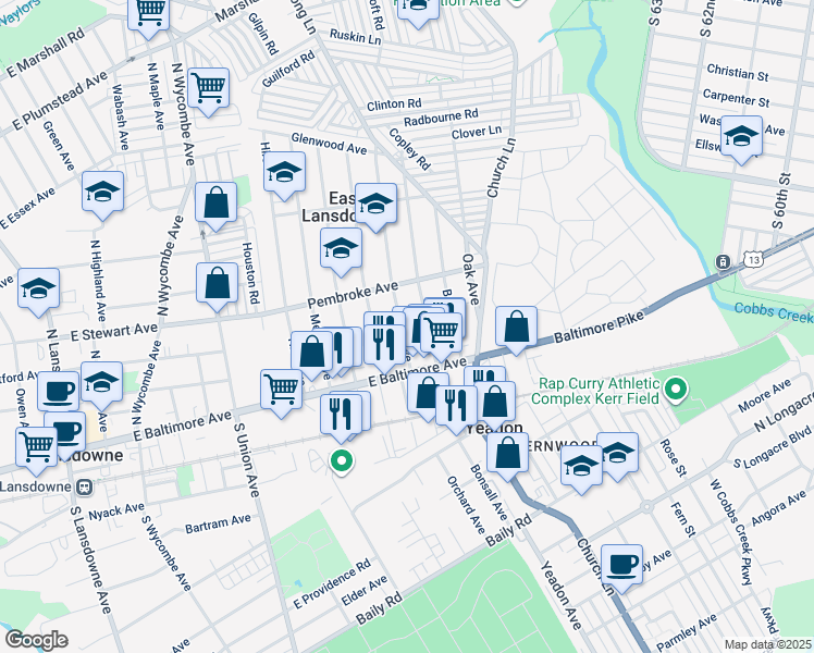 map of restaurants, bars, coffee shops, grocery stores, and more near 39 Lewis Avenue in East Lansdowne