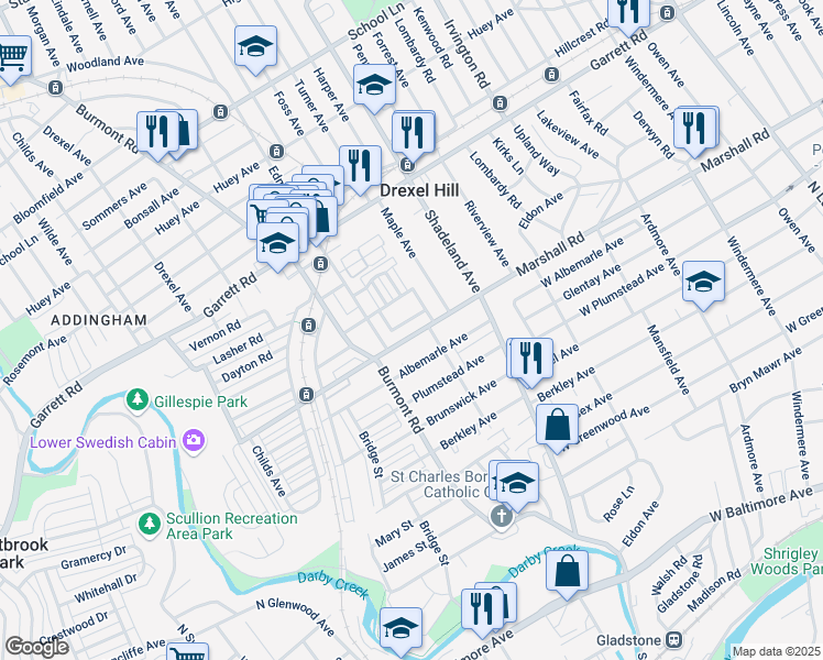 map of restaurants, bars, coffee shops, grocery stores, and more near 3425 Marshall Road in Drexel Hill