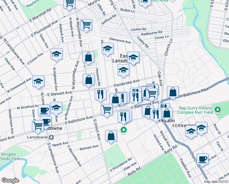 map of restaurants, bars, coffee shops, grocery stores, and more near 58 Melrose Avenue in Lansdowne