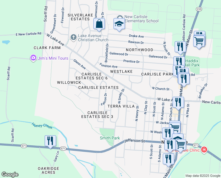 map of restaurants, bars, coffee shops, grocery stores, and more near 248 Orth Drive in New Carlisle