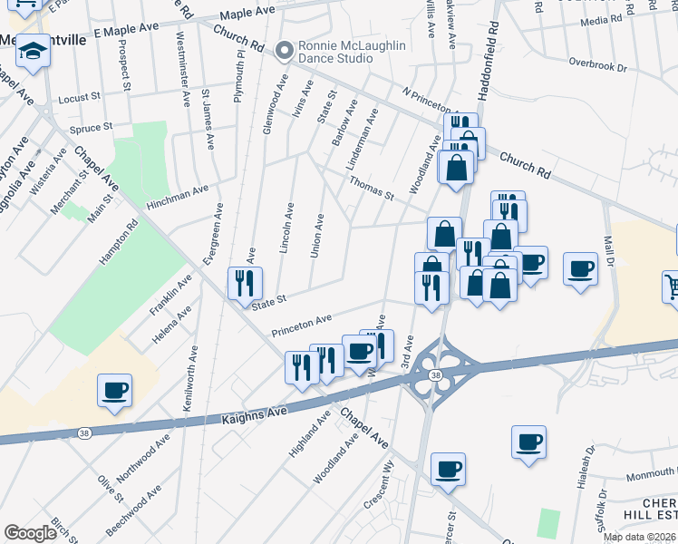 map of restaurants, bars, coffee shops, grocery stores, and more near 346 State St in Cherry Hill